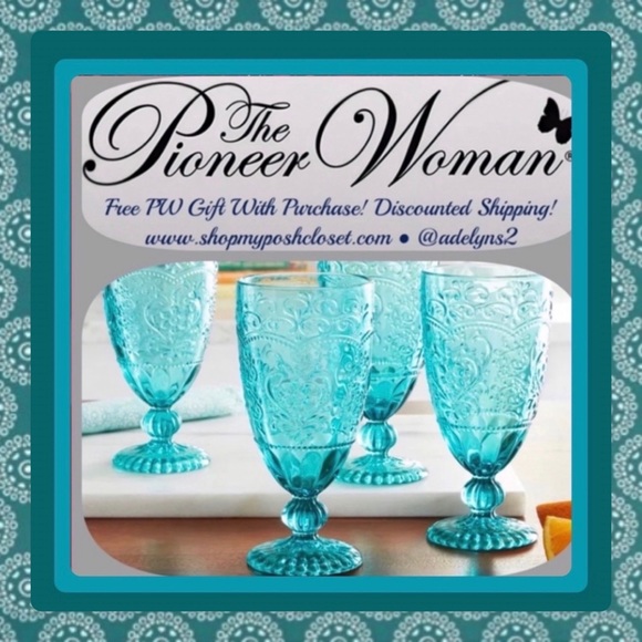 🌺 New Pioneer Woman (4) 14.7-Ounces Amelia Teal Blue Glass Goblets - Picture 2 of 9